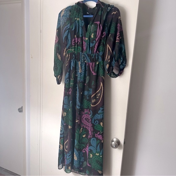 Zara Black/Multicolored Paisley Print Chiffon Balloon Sleeve Mosaic Dress NWT XS - Picture 9 of 16